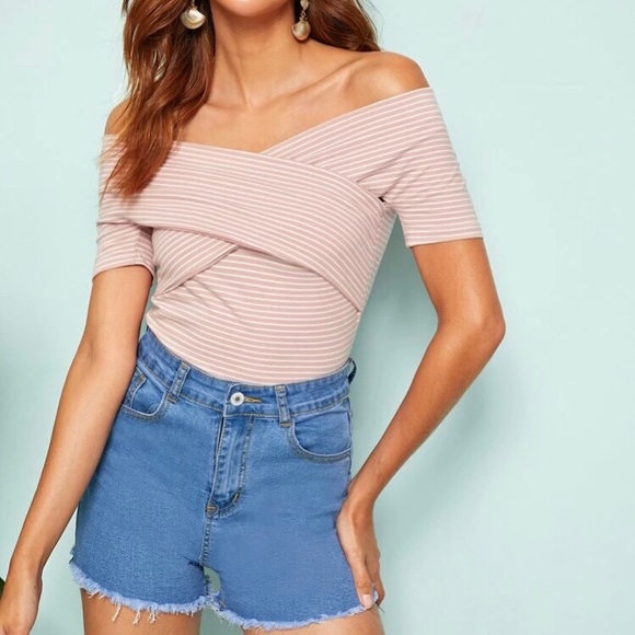 Tops - Pink w/White Stripes Off Shoulder Bodysuit, M(6)